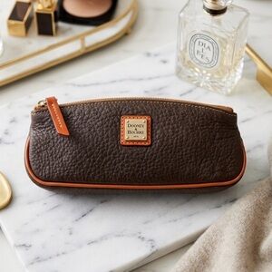 Dooney & Bourke Brown Pebbled Leather Cosmetic Pouch with Tan Trim